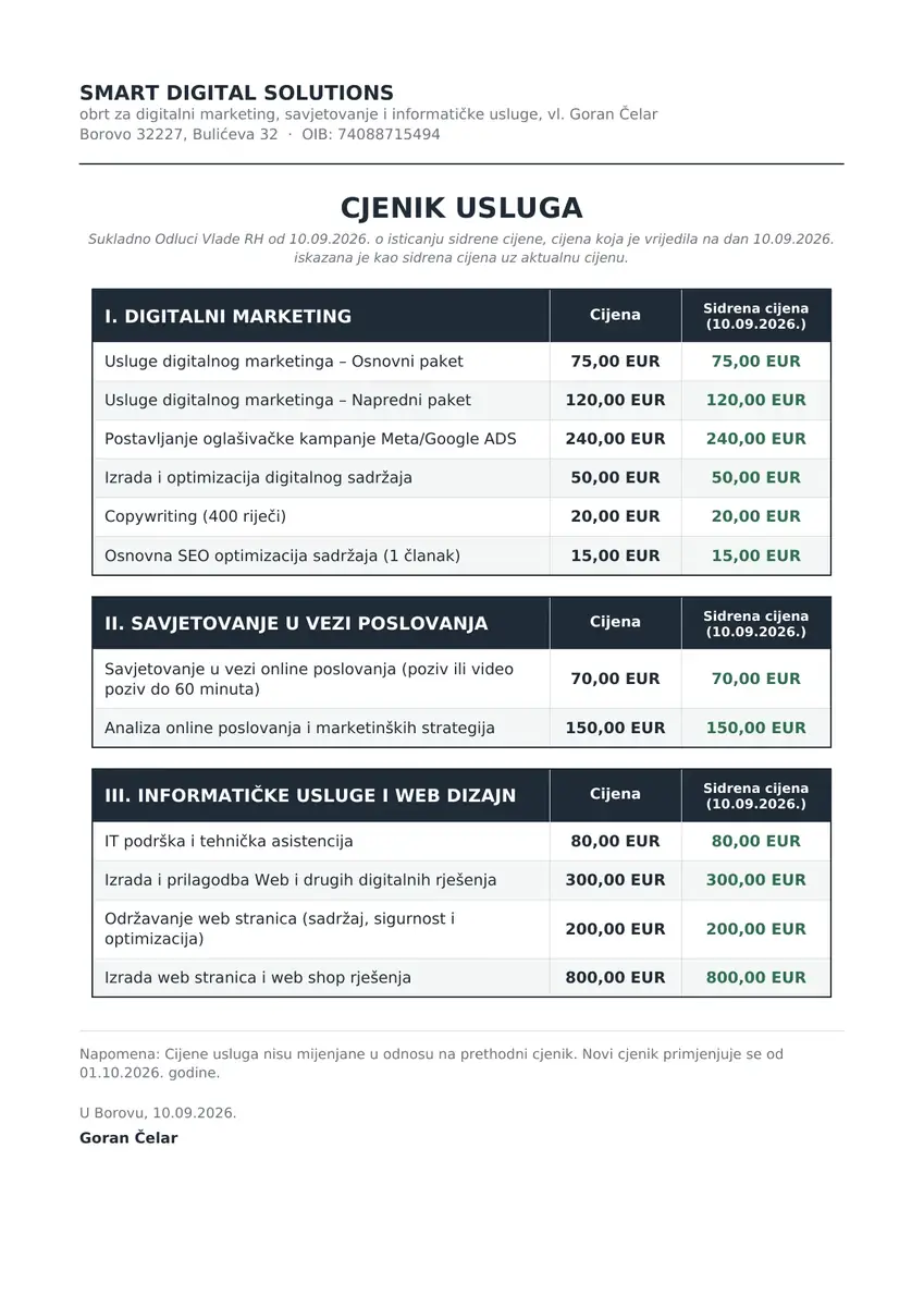 Cjenik usluga Smart Digital Solutions