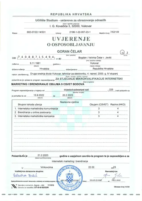 Svjedodžba – Internet marketing i brendiranje